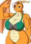  2016 antennae anthro anthrofied biceps big_breasts bottomless bra breasts brown_hair brown_scales cleavage clothed clothing dragon dragonite fan_character female flexing grey_eyes hair horn huge_breasts long_hair looking_at_viewer membranous_wings muscular muscular_female navel nintendo orange_horn orange_scales pok&eacute;mon pussy scales scalie simple_background smile solo thalia_drakos thick_thighs underwear video_games voluptuous white_background wide_hips wings xehta13 