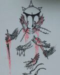  barbed_wire blood blood_on_hand bodily_fluids demon demonic disembodied_eyes disembodied_hand hi_res knife looking_down melee_weapon monochrome multiple_hands muwei not_furry pupils sketch slit_pupils spot_color sword weapon 