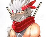 anthro black_body black_fur canid canine canis domestic_dog facial_scar fur grin hair katana lifewonders male mammal melee_weapon ninja red_eyes ren_izayoi scar scarf smile solo sword tadatomo_(tas) tokyo_afterschool_summoners warrior weapon white_hair yellow_sclera