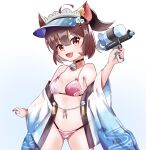  1girl 3_tsuki_usagi_roi_no_oekaki absurdres animal_ears bell bikini black_choker blue_hat blue_jacket blush breasts brown_eyes brown_hair cat_ears cat_girl choker commentary_request cowboy_shot fang gradient_background grey_background hair_between_eyes happi hat high_ponytail highres holding holding_water_gun ichihime jacket japanese_clothes jingle_bell looking_at_viewer mahjong_soul medium_bangs navel neck_bell open_clothes open_jacket open_mouth pink_bikini short_hair short_ponytail simple_background skin_fang small_breasts smile solo swimsuit tassel visor_cap water_gun white_background 