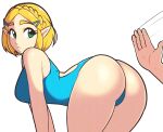  ass bent_over blonde_hair blue_one-piece_swimsuit commentary green_eyes highres jeff_miga one-piece_swimsuit pointy_ears princess_zelda swimsuit the_legend_of_zelda the_legend_of_zelda:_breath_of_the_wild 