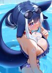  1girl :d ahoge arm_tattoo bare_shoulders bikini blue_bikini blue_hair breasts cetacean_tail choker cleavage commentary fins fish_tail hand_up heart heart_ahoge highres index_finger_raised indie_virtual_youtuber large_breasts long_hair looking_at_viewer multicolored_hair open_mouth pool purple_eyes red_choker shylily smile solo squchan swimsuit tail tattoo wading water white_hair 