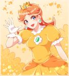  1girl artist_name blue_eyes breasts brown_hair crown dress earrings flower flower_earrings gloves hat indisk_irio jewelry long_hair looking_at_viewer mario_(series) open_mouth orange_dress princess_daisy short_sleeves simple_background smile solo standing star_(symbol) waving white_gloves 