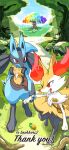 2022 3_fingers ambiguous_gender anthro big_tail black_body black_fur blue_body blue_fur braixen detailed_background duo ekcdayo fangs fingers forest forest_background fur generation_4_pokemon generation_6_pokemon grass hi_res inner_ear_fluff lucario medal nature nature_background nintendo open_mouth plant pokemon pokemon_(species) pokemon_mystery_dungeon red_eyes sky smile spike_chunsoft spikes spikes_(anatomy) tail tan_body tan_fur teeth text tree tuft yellow_body yellow_fur