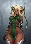  1girl antlers barbariank bare_shoulders black_gloves blonde_hair breast_bondage breasts commentary covered_nipples cowboy_shot dark-skinned_female dark_skin dryad elbow_gloves english_commentary eyes_visible_through_hair freckles gloves green_eyes green_ribbon hair_between_eyes hair_ribbon highres horns large_breasts long_hair long_pointy_ears monster_girl original panties pelvic_curtain plant_girl pointy_ears revealing_clothes ribbon rope solo symbol-shaped_pupils thick_eyebrows thick_thighs thighs underwear wide_hips 