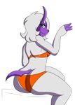  2016 absol anthro anthrofied big_butt bikini black_nose bra breasts butt clothed clothing fan_character female fur green_eyes hair half-closed_eyes kally_caelum looking_at_viewer looking_back nintendo pok&eacute;mon pok&eacute;morph purple_skin side_boob simple_background sitting solo swimsuit underwear video_games white_background white_fur white_hair xehta13 