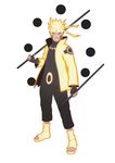  blonde_hair dual_wielding escrima_stick facial_mark full_body glowing male_focus naruto simple_background solo standing symbol-shaped_pupils thumb_hole uzumaki_naruto uzumaki_naruto_(rikudou_sennin_mode) white_background 