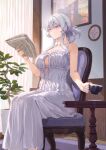  1girl bare_shoulders blue_scrunchie breasts chair cleavage_cutout clothing_cutout commentary_request cup curtains drawing_(object) dress flower_pot folded_hair highres holding holding_cup holding_newspaper indoors large_breasts mashuu_(neko_no_oyashiro) newspaper original picture_frame plant potted_plant purple_eyes scrunchie solo strapless strapless_dress table teacup white_dress white_hair 