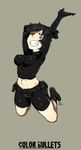  abs arms_up belt bike_shorts black_eyes black_hair boots breasts color_bullets copyright_name covered_nipples danielle_redford_(kamezaemon) grin highres kamezaemon medium_breasts midriff navel one_eye_closed original pouch short_hair signature smile solo 