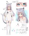  1girl :t absurdres animal_ear_fluff animal_ears animal_print blue_eyes cat_ears cat_girl cat_print cat_tail divaartx english_text full_body grey_hair highres long_hair looking_at_viewer no_pants off_shoulder original pout shirt standing tail thighhighs white_shirt white_thighhighs 