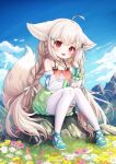  1girl absurdres ahoge animal_ear_fluff animal_ears blue_footwear blush braid cloud commission comodomodo detached_sleeves flower fox_ears fox_girl fox_tail green_skirt highres long_braid long_hair mountain open_mouth original outdoors pixiv_commission red_eyes ribbon sakurada_shiro_(hy_plus) shirt shoes sitting skirt sky smile solo tail thighhighs thighs twin_braids twintails very_long_hair white_hair white_shirt white_sleeves white_thighhighs 