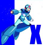  1boy android arm_cannon armor blue_armor blue_background blue_footwear blue_helmet boots character_name commentary forehead_jewel full_body green_eyes helmet male_focus mega_man_(series) mega_man_x_(series) shoulder_armor simple_background solo sznami129 weapon white_background x_(mega_man) x_buster 