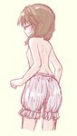  ass back bloomers brown_hair cowboy_shot flat_chest from_behind glasses highres limited_palette low_twintails nibi nipples short_twintails simple_background solo topless touhou twintails underwear underwear_only usami_sumireko white_background white_bloomers 
