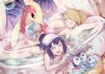  2girls 2others :d ^_^ bath bathing bathroom bathtub bird blonde_hair blue_hair bubble bubble_bath chikiso closed_eyes completely_nude crossed_legs cynthia_(pokemon) dawn_(pokemon) hair_over_one_eye highres leaning_on_object liquid_soap milotic multiple_girls multiple_others nude partially_submerged penguin piplup poke_ball_symbol pokemon pokemon_(creature) pokemon_dppt ponytail reclining relaxing same-sex_bathing shared_bathing sidelocks sky smile soap soap_bubbles star_(sky) starry_sky steam swept_bangs towel towel_on_head window 