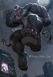  1boy bara barefoot building feet fingernails foot_against_wall foot_focus glass highres male_focus marvel moon muscular muscular_male night night_sky shan_yao_jun sharp_fingernails sharp_teeth sharp_toenails sky symbiote teeth toenails tongue tongue_out venom_(marvel) window 