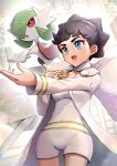  2girls absurdres blue_eyes bob_cut braid brown_hair diantha_(pokemon) dress gardevoir gonzarez green_hair highres jacket jewelry mega_gardevoir mega_pokemon mega_stone multiple_girls necklace pokemon pokemon_(creature) pokemon_xy shirt shorts white_dress white_jacket white_shirt white_shorts 