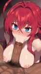  1boy 1girl :&gt;= ahoge blue_eyes breasts collarbone completely_nude fellatio from_above hetero high_school_dxd highres large_breasts long_hair male_pubic_hair nipples nt00 nude oral penis pubic_hair red_hair rias_gremory solo_focus sweat 
