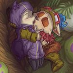  anthro clothed clothing cuddling digital_media_(artwork) duo embrace eyes_closed french_kissing fuf headgear high-angle_view kennen_(lol) kissing league_of_legends lying male male/male mammal on_side open_mouth romantic saliva teemo tongue tongue_out topless video_games yordle 