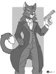 2024 anthro bottomwear clothed clothing coat domestic_cat eyewear felid feline felis fur glasses gun hand_in_pocket handgun holding_gun holding_object holding_ranged_weapon holding_weapon lackadaisy male mammal marcushunter mordecai_heller mouth_closed necktie pants pockets raised_tail ranged_weapon shirt signature solo standing tail topwear vest weapon whiskers