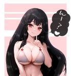  1girl absurdres bikini black_hair bow bow_bra bra breasts collarbone commentary_request finger_to_face floating_hair head_tilt highres hime_cut houraisan_kaguya large_breasts long_eyelashes long_hair looking_at_viewer navel pink_background red_bow red_eyes smile solo speech_bubble sugar_you swimsuit touhou translation_request underwear upper_body very_long_hair white_background white_bra 