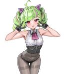  1girl ahoge animal_ears armpits ascot black_corset black_gloves black_leotard blush cat_ears collared_shirt commentary_request corset covered_navel cowboy_shot delutaya dot_nose double_v drill_hair fake_animal_ears gloves green_hair half_gloves hands_up highres indie_virtual_youtuber kanzarin leaning_forward legs_together leotard looking_at_viewer open_mouth pantyhose pink_ascot red_eyes shirt short_hair short_twintails sidelocks simple_background sleeveless sleeveless_shirt smile solo thigh_gap thighband_pantyhose tongue tongue_out twin_drills twintails v virtual_youtuber white_background white_shirt 