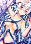  akine_(kuroyuri) areola_slip areolae arm_up armpits bemani breasts collarbone cowboy_shot ears_visible_through_hair groin hair_between_eyes hand_on_own_head head_tilt highres large_breasts long_hair looking_at_viewer lying naked_ribbon navel nude on_back ortlinde=nblg=valkyria petals pointy_ears red_eyes ribbon shiny shiny_skin silver_hair skindentation solo sound_voltex stomach very_long_hair 