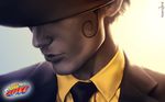  black_necktie collared_shirt copyright_name fedora hat hat_over_eyes katekyo_hitman_reborn! makoto13 male_focus necktie realistic reborn solo suit yellow_shirt 