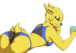  2016 anthro anthrofied beverage black_nose black_sclera blonde_hair butt clothed clothing crop_top cup eeveelution fan_character female food fur green_eyes hair jolteon julian_sparks long_hair looking_at_viewer looking_back lying nintendo on_front pok&eacute;mon pok&eacute;morph shirt simple_background smile solo teeth underwear video_games white_background xehta13 yellow_fur 