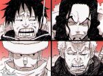  4boys black_eyes black_hair closed_mouth disgust earrings facial_hair frown goatee grimace hat headphones highres jewelry kaku_(one_piece) long_hair long_nose looking_at_another male_focus monkey_d._luffy monochrome multiple_boys multiple_earrings one_eye_closed one_piece open_mouth orange_eyes partially_colored portrait red_background rob_lucci roronoa_zoro scar scar_across_eye scar_on_face short_hair small_sweatdrop sword tacchan56110 teeth weapon white_hat 