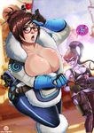  beads bikini biting blush breasts brown_eyes brown_hair bursting_breasts cleavage coat cosplay glasses gloves gun hair_bun hair_ornament hair_stick high_ponytail highres hot huge_breasts lip_biting lips long_hair mei_(overwatch) multiple_girls no_bra overwatch pantyhose ponytail purple_hair purple_skin quiet_(metal_gear) quiet_(metal_gear)_(cosplay) rifle shadman sniper_rifle spandex sweat swimsuit tongue tongue_out torn_clothes torn_legwear underboob weapon widowmaker_(overwatch) winter_clothes winter_coat yellow_eyes yuri 