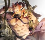  1boy abs absurdres animal_ears another_eidos-r azmond_(another_eidos) bara bare_pectorals beard body_fur bracelet braid bulge chain chest_harness curled_horns facial_hair fingernails forked_eyebrows full_beard goat_boy goat_ears goat_horns gold_chain gradient_background grey_background harness highres horizontal_pupils horns jewelry large_pectorals licking_lips looking_at_viewer low_twin_braids male_focus multiple_horns muscular muscular_male mustache_stubble muuunya000 nipples orange_hair pectorals plant satyr sharp_fingernails sitting smoke snake solo stubble thick_eyebrows tongue tongue_out twin_braids vines 