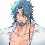  1boy aqua_hair bara beard closed_mouth collarbone facial_hair full_beard hagiography hair_over_one_eye highres live_a_hero long_hair looking_down male_focus muscular muscular_male open_clothes open_shirt portrait scar scar_on_chest scar_on_face shidemasu_(live_a_hero) shirt simple_background sketch solo white_background white_shirt 