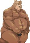 2024 anthro arufina_w balls barely_visible_balls barely_visible_genitalia bear belly big_belly bodily_fluids brown_body bulge clothing genitals hi_res kemono male mammal moobs musclegut muscular navel nipples overweight overweight_male simple_background solo sweat underwear white_background