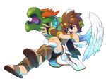  1boy angel angel_wings arm_cannon bike_shorts blue_eyes brown_hair full_body kid_icarus kid_icarus_uprising laurel_crown open_mouth pit_(kid_icarus) scarf simple_background solo suno_(imydream) v-shaped_eyebrows weapon white_background white_scarf wings 