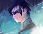  batman_(series) black_hair blue_eyes bodysuit dc_comics dick_grayson domino_mask looking_at_viewer male_focus mask night nightwing over_shoulder smile solo 
