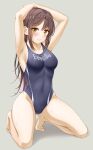  armpits arms_up barefoot black_one-piece_swimsuit breasts brown_hair closed_mouth competition_swimsuit full_body grey_background kneeling medium_breasts miel_(lessontome) one-piece_swimsuit original simple_background smile swimsuit toes yellow_eyes 