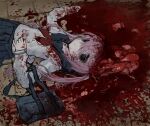  1girl bag black_eyes blood blood_splatter death exposed_brain expressionless guro highres long_hair lying on_back original pink_hair pool_of_blood ppj705904378810 school_bag school_uniform serafuku solo tile_floor tiles twintails 