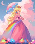  1girl artist_name blonde_hair blue_eyes blue_gemstone choker cloud colorful crescent_moon crown dress earrings flower fog from_side full_body gem holding holding_umbrella itzah jewelry long_dress long_hair looking_ahead mario_(series) moon night nintendo outdoors parasol petals pink_clouds pink_dress pink_moon pink_umbrella pixel_art princess_peach profile puffy_short_sleeves puffy_sleeves rainbow rainbow_order short_sleeves smile solo sphere_earrings super_smash_bros. umbrella very_long_hair walking 