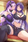  2girls acheron_(honkai:_star_rail) armor bandaged_arm bandaged_leg bandages belt black_choker black_gloves black_shorts black_swan_(honkai:_star_rail) black_thighhighs blush breasts chain chain_around_arm choker cleavage criss-cross_halter diamond-shaped_pupils diamond_(shape) dress elbow_gloves gloves grabbing grabbing_another&#039;s_breast group_sex hair_ornament hair_over_one_eye halterneck hand_on_another&#039;s_crotch highres honkai:_star_rail honkai_(series) indoors large_breasts long_hair looking_at_another midriff multicolored_hair multiple_girls navel parted_lips purple_dress purple_eyes purple_hair shorts shoulder_armor single_bare_shoulder single_thighhigh sleeveless sleeveless_dress streaked_hair symbol-shaped_pupils thigh_belt thigh_strap thighhighs thighs threesome twitter_username veil very_long_hair zuikillme 