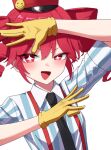  +_+ 1girl alternate_costume black_necktie blush drill_hair gloves hat hat_ornament hu2924 kasane_teto kasane_teto_(sv) mesmerizer_(vocaloid) name_tag necktie open_hands open_mouth red_hair red_hat red_suspenders shirt smiley_face solo striped_clothes striped_shirt synthesizer_v twin_drills utau vertical-striped_clothes vertical-striped_shirt yellow_gloves 