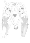  2girls :d animal_ears armpits bare_arms bare_shoulders blush breasts bright_pupils commentary contrapposto covered_navel cropped_legs embarrassed english_commentary english_text fake_animal_ears fake_tail greyscale heart heart_arms_duo highres holding_hands interlocked_fingers leotard long_hair looking_at_viewer medium_breasts monochrome multiple_girls nose_blush one_eye_closed onii-chan_wa_oshimai! open_mouth oyama_mahiro oyama_mihari pantyhose playboy_bunny rabbit_ears rabbit_tail siblings simple_background sisters sketch small_breasts smile standing strapless strapless_leotard tail very_long_hair white_background white_pupils yana_(muuimiingan) 
