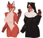  anthro areola bebebebebe biped breasts canid canine female fox fur hi_res looking_at_viewer mammal nipples nun_outfit open_mouth open_smile orange_body orange_fur pawpads smile solo 