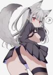  1girl ? animal_ear_fluff animal_ear_piercing animal_ears ass black_panties black_ribbon black_skirt black_thighhighs breasts commentary cowboy_shot cross_hair_ornament ear_piercing extra_ears fox_ears fox_girl fox_tail from_behind grey_background grey_hair hair_ornament hair_ribbon highres indie_virtual_youtuber large_breasts light_blush long_hair looking_at_viewer miniskirt netsuki_cross one_side_up panties pasties piercing pleated_skirt red_eyes ribbon rikotan skirt sleeves_past_fingers sleeves_past_wrists solo spoken_question_mark tail thighhighs underwear virtual_youtuber x_hair_ornament 