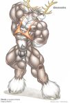 ankle_tuft anthro antlers big_muscles blue_eyes braford brown_body brown_fur bulge clothing deer detailed_bulge fur genital_outline grinning_at_viewer hair hand_behind_back hand_behind_head hooves horn huge_muscles leg_tuft male mammal multicolored_body multicolored_fur muscular muscular_anthro muscular_male new_world_deer nipples penis_outline pink_nipples pose pubes reindeer shirt simple_background solo standing tank_top thong topwear tuft two_tone_body two_tone_fur underwear white_background white_body white_fur white_hair white_hooves
