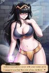  1girl angry black_bra black_hair blunt_bangs blurry blurry_background bra breasts brick_wall cleavage clenched_hand clenched_teeth collarbone cowboy_shot dialogue_box diskette embarrassed fang fire_emblem fire_emblem_awakening gold_trim highres indoors large_breasts light_rays long_hair looking_at_viewer magic midriff_peek navel nintendo pelvic_curtain revealing_clothes sidelocks signature solo stomach teeth tharja_(fire_emblem) tiara underwear 