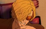  1girl blonde_hair curly_eyebrows facial_hair grin hair_over_one_eye hand_up highres long_sleeves looking_at_viewer male_focus one_piece rita_ya sanji_(one_piece) smile solo sunglasses teeth upper_body 