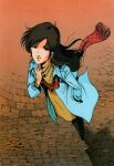  1980s_(style) 1990s_(style) 1girl autumn autumn_leaves boots brown_hair choujikuu_yousai_macross coat english_commentary grin hand_in_pocket hayase_misa highres key_visual long_hair looking_at_viewer looking_up macross macross:_do_you_remember_love? magazine_scan mikimoto_haruhiko_(style) official_art promotional_art retro_artstyle scan scarf shadow smile traditional_media walking 