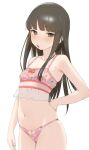  1girl bikini black_hair blunt_bangs blush breasts brown_eyes floral_print hand_on_own_hip hatsuyuki_(kancolle) highres hime_cut kantai_collection long_hair looking_at_viewer open_mouth pink_bikini sakieko simple_background small_breasts solo swimsuit white_background 