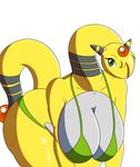  2016 ampharos anthro anthrofied bent_over big_breasts bikini black_skin blonde_hair bra breasts cleavage clothed clothing evany_sparks fan_character female gem green_eyes hair huge_breasts long_neck looking_at_viewer nintendo pok&eacute;mon pok&eacute;morph raised_tail simple_background smile solo swimsuit underwear video_games white_background xehta13 yellow_skin 