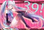  ! 1girl 39 aqua_eyes aqua_hair aqua_necktie bare_shoulders black_footwear black_sleeves boots collared_vest detached_sleeves filiananna full_body grey_vest hatsune_miku headset high_heel_boots high_heels highres knees_together_feet_apart lace_trim legs long_hair looking_at_viewer miku_day necktie open_mouth outstretched_hand pink_background polka_dot sleeves_past_wrists smile solo striped_background thigh_boots twintails very_long_hair vest vocaloid zettai_ryouiki 